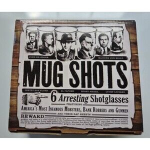 Mug Shots Shot Glasses Set of 6 Infamous Mobsters Bank Robbers and Gunmen